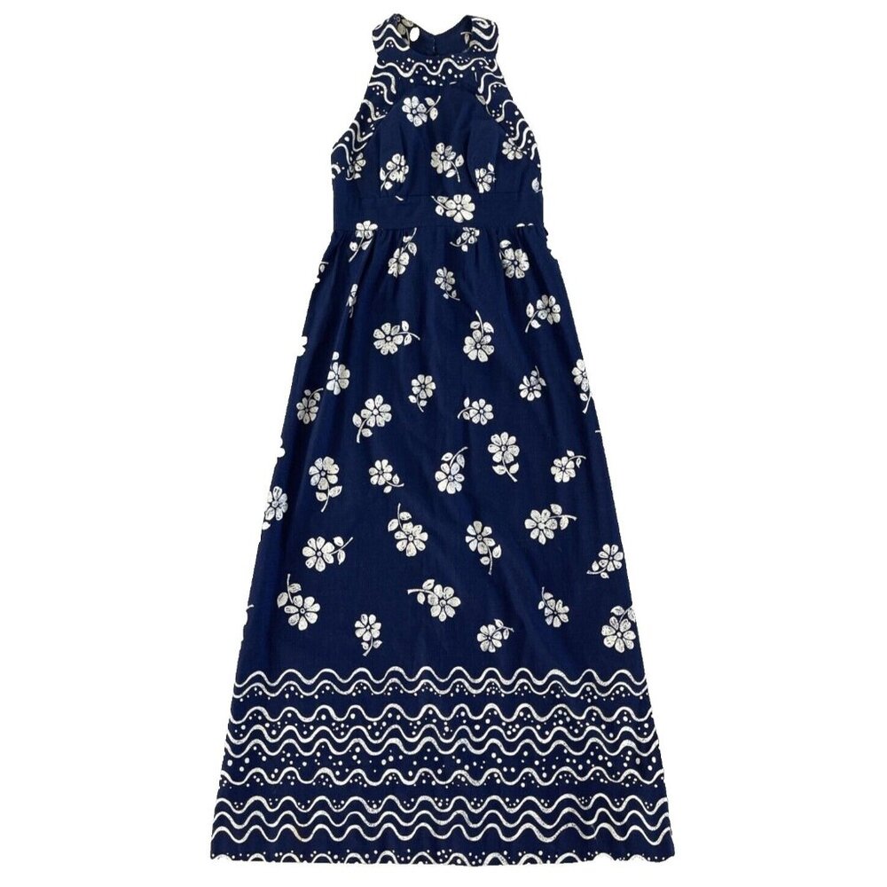Malia Honolulu Vintage Maxi Dress Floral Open Back Sleeveless 10 1960s-70s Blue‎